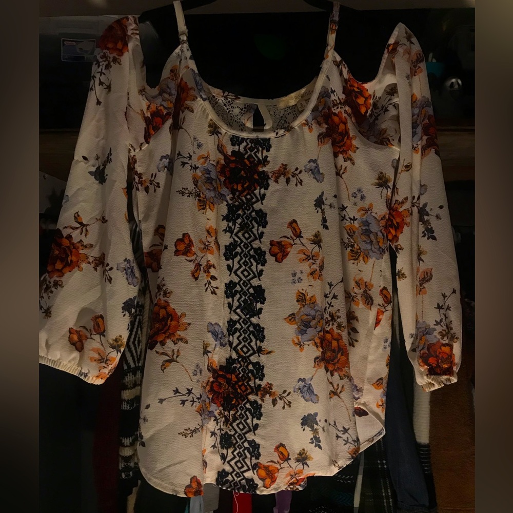 CUTE FLORAL PRINT OPEN SHOULDER MESH TOP / BLOUSE ! SIZE SMALL